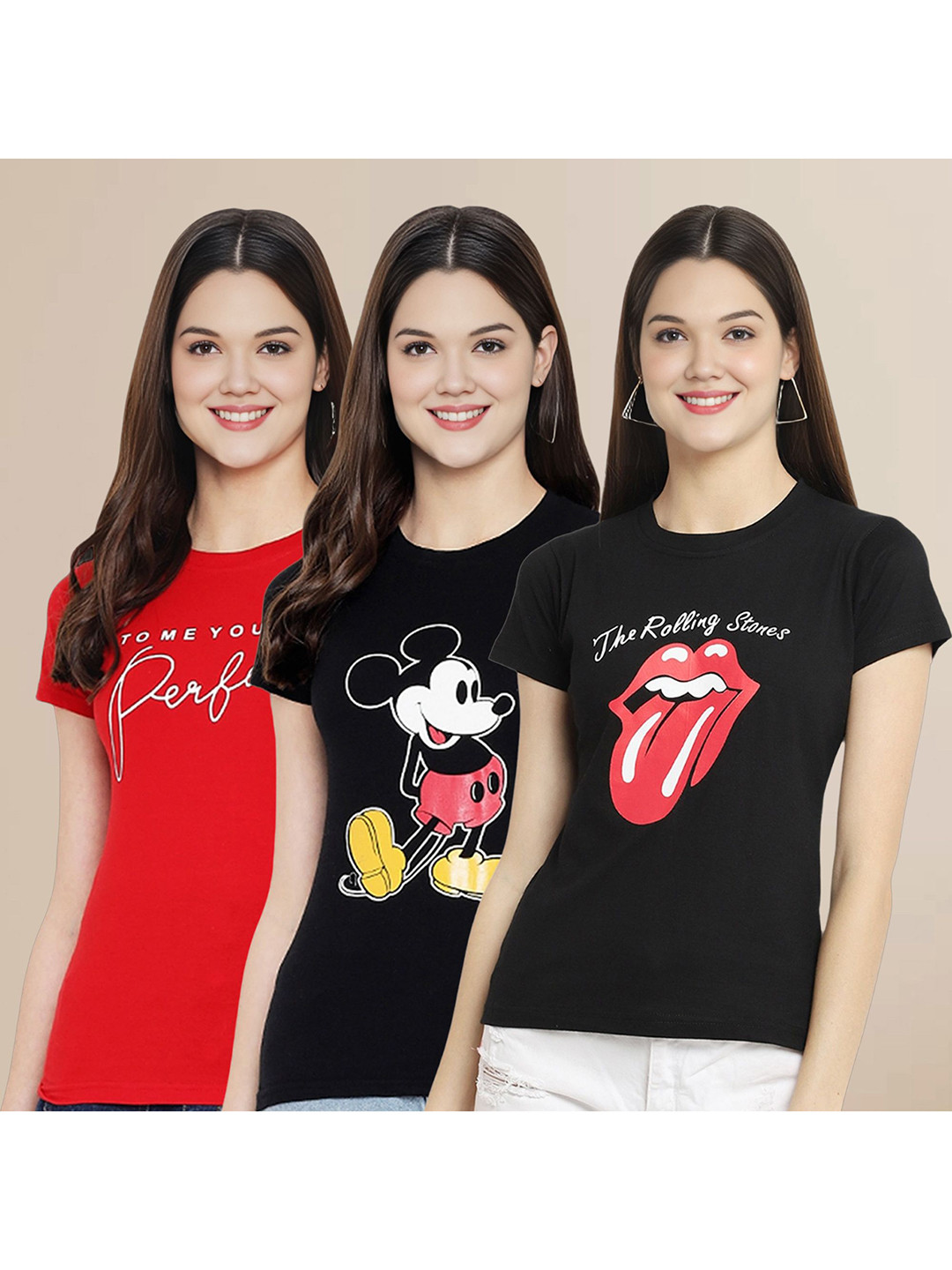 Metronaut Women Pack Of 3 Typography Printed Round Neck Cotton Mickey Mouse T-shirts