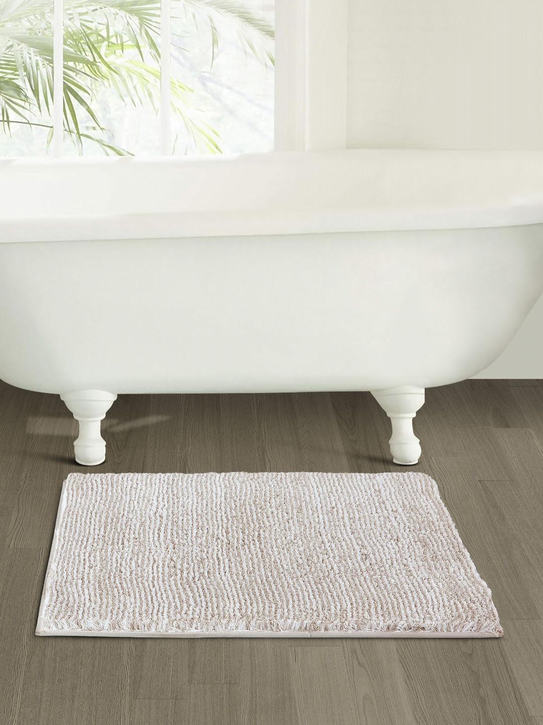 OBSESSIONS Taupe & White Textured 2400 GSM Rectangular Anti- Skid Bath Rugs