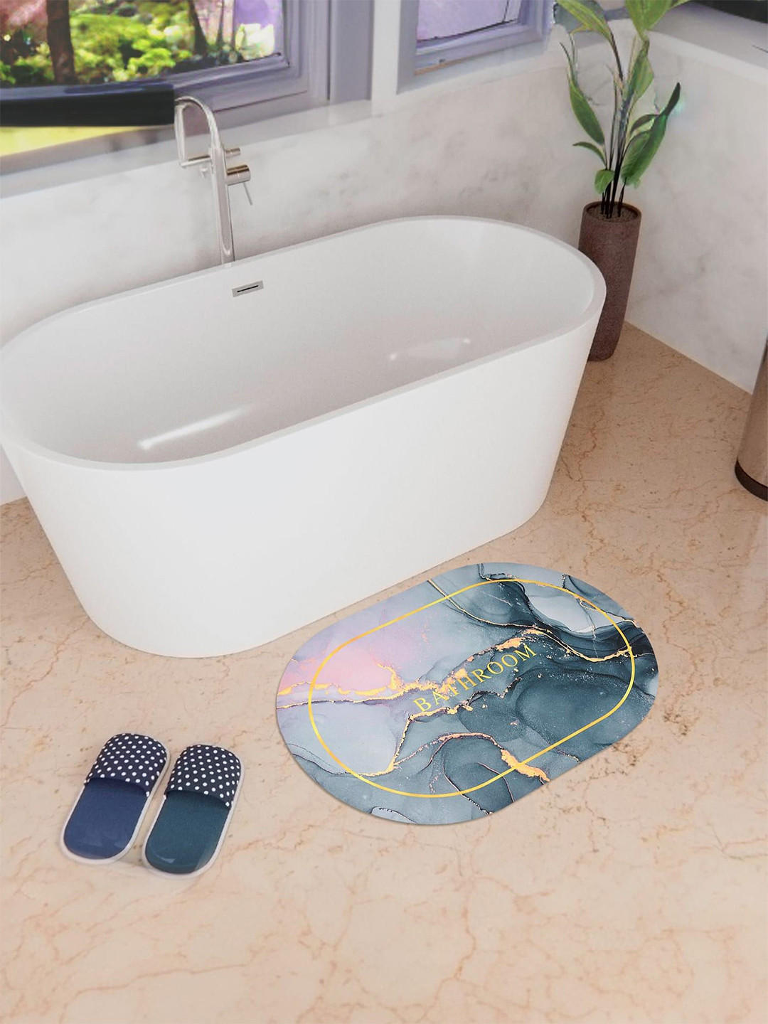 Kuber Industries Grey & White Printed 150 GSM Anti Skid Oval Bath Rug