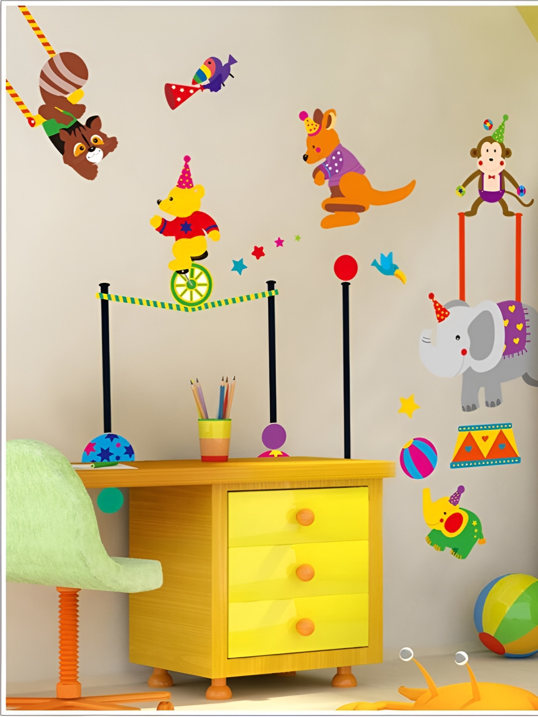 Asian royal Brown & Green Circus Animals Printed Self Adhesive Wall Sticker