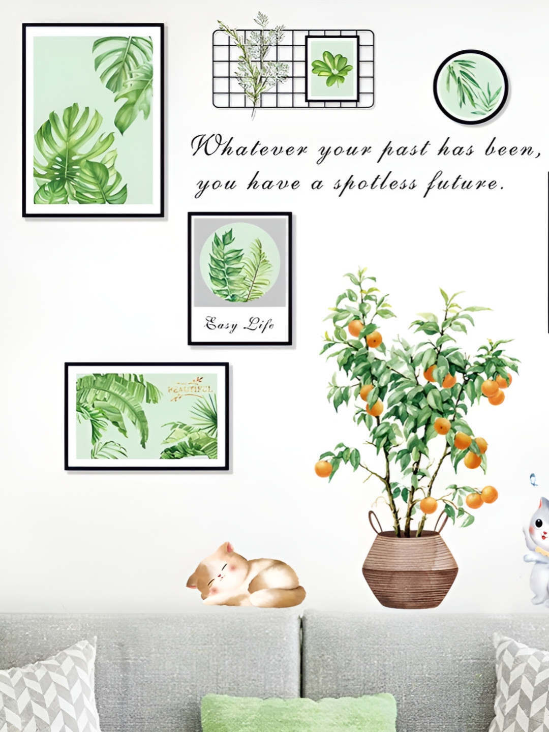 Asian royal Green & Orange Colored Plants Printed Wall Sticker