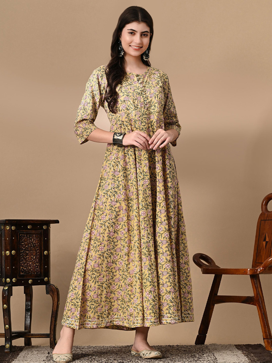 TOP 2 BOTTOM Cotton Printed Round Neck Three-Quarter Sleeves Maxi Dress