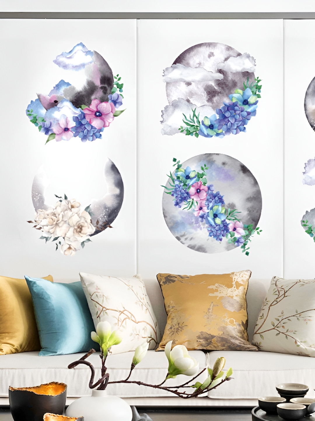 Asian royal Blue & Grey Flower Moon Self Adhesive Decals and Stickers