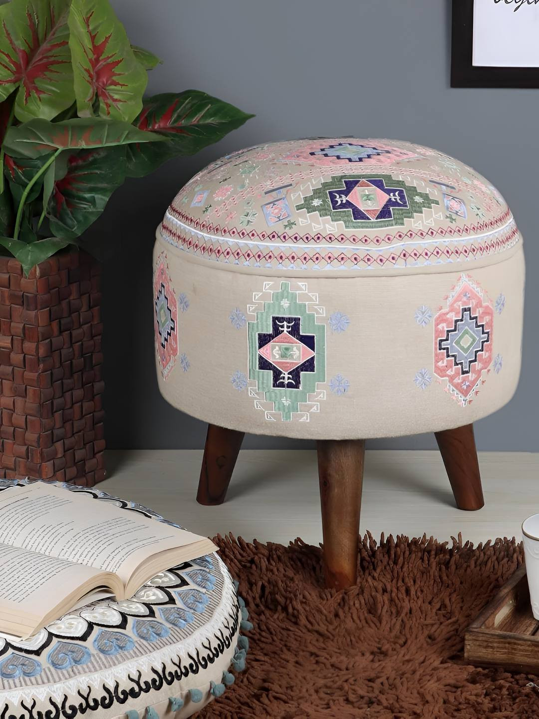 Decoghar Pink Floral Embroidered Wooden Round Ottoman