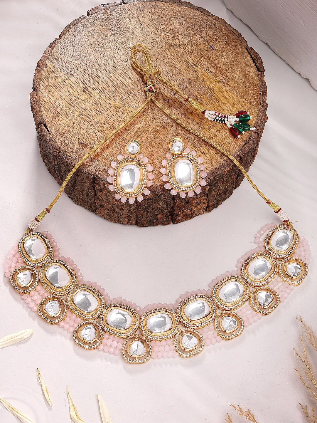 KARATCART Crystal and Polki Kundan-Studded & Beaded Jewellery Set