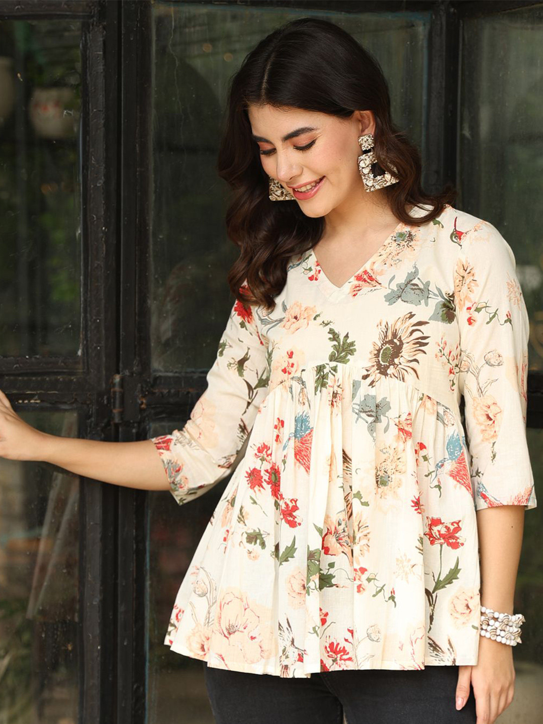 NISHABD Women Floral Printed Pure Cotton Top