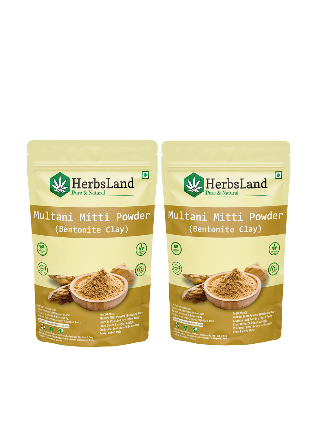 HerbsLand Set Of 2 Pure Multani Mitti Face Pack & Mask Powder - 100 g Each