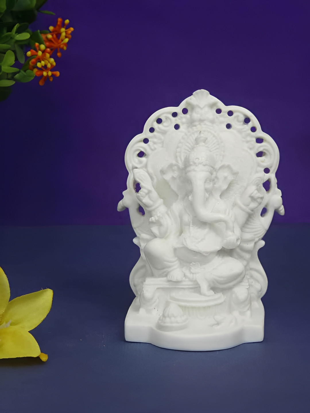 HANDICRAFTS PARADISE Sitting Ganesha for Puja White Marble Glossy Living Room Medium Showpiece - 4 Inches