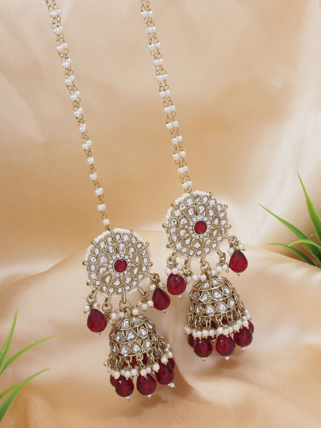 I Jewels Gold-Plated Kundan Studded & Pearls Dome Shaped Jhumkas With Attachable Ear Chain