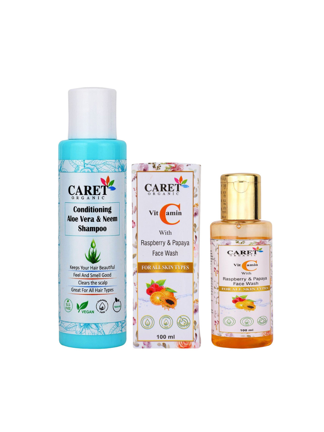 CARET ORGANIC Set Of 3 Aloevera Neem Shampoo With Vitamin C & Raspberry Face Wash 200ml