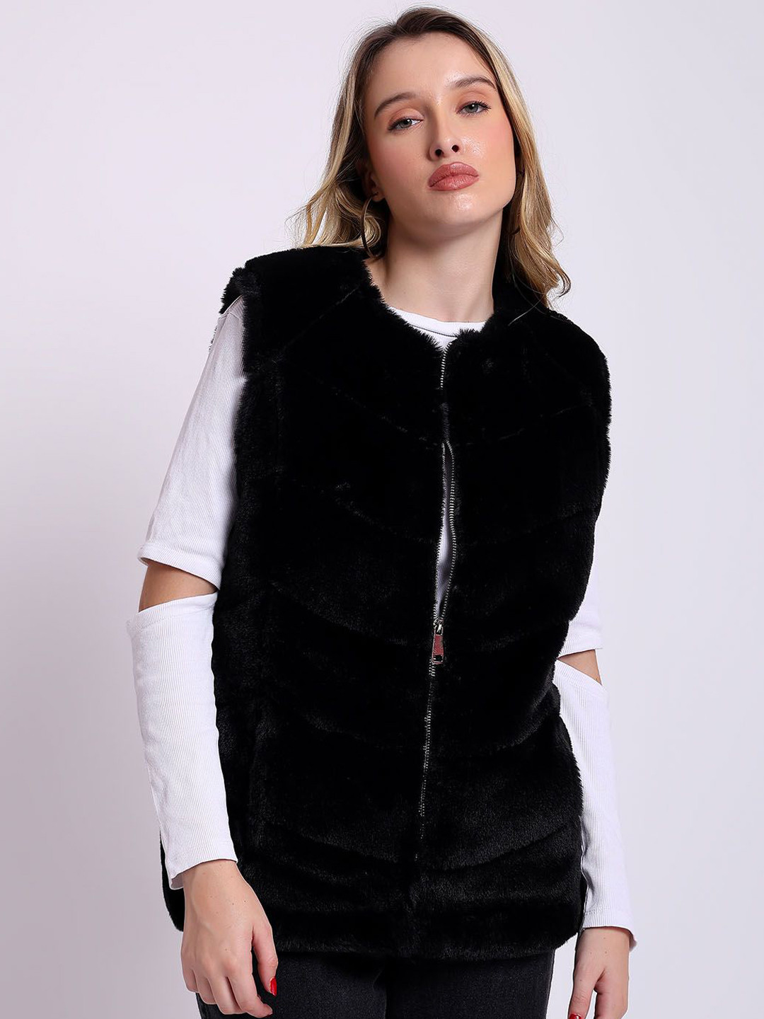 Saint G Women Collarless Solid Leather Casual Parka Jacket