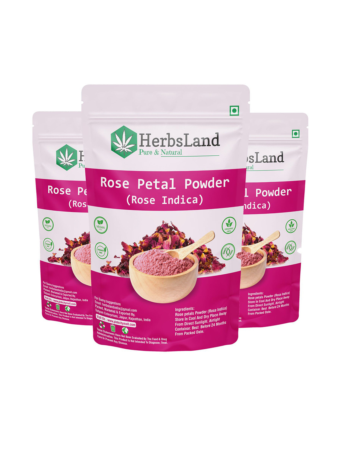 HerbsLand Set Of 3 Rose Petal Powder Face Pack - 100 g Each