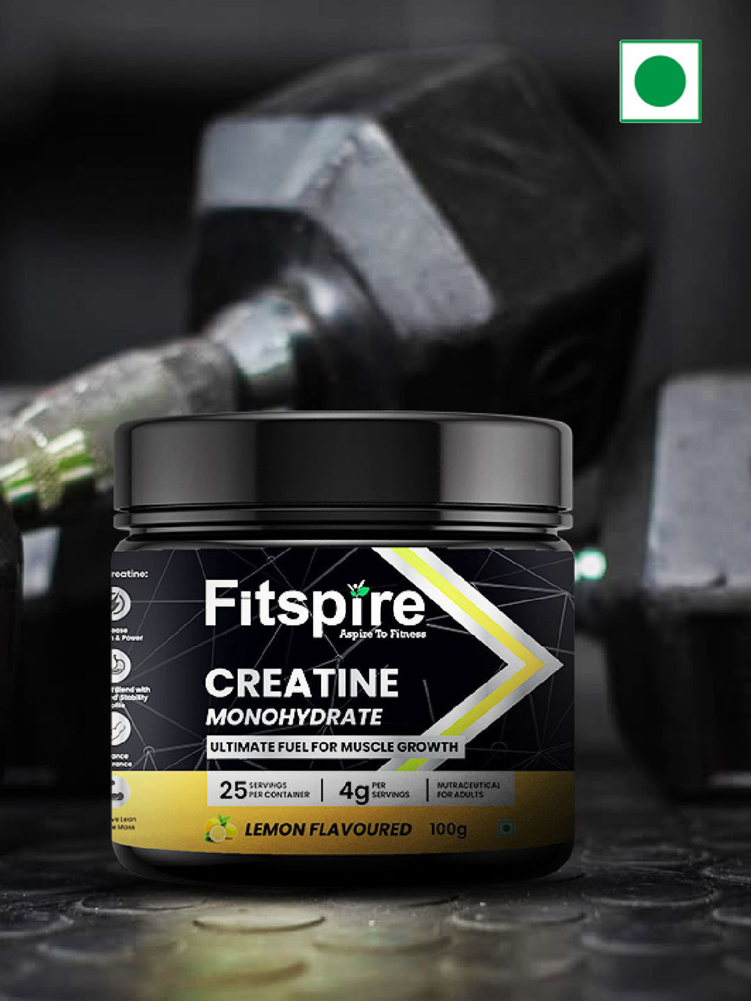 FITSPIRE Creatine Monohydrate Powder - 100 g - Lemon