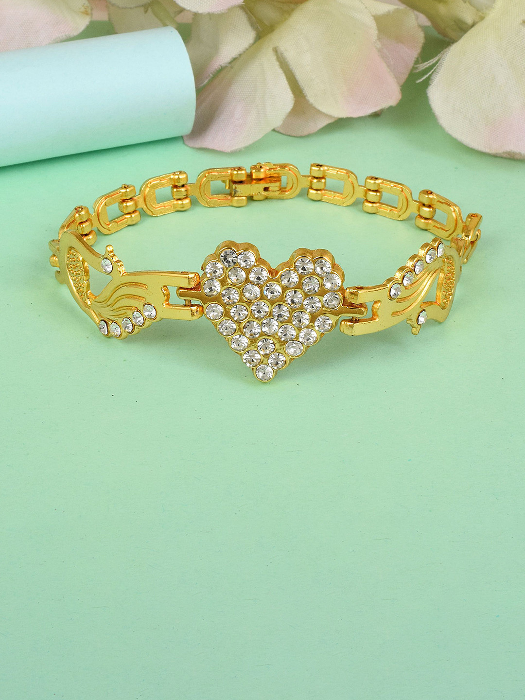 MEMOIR Gold-Plated American Diamond Heartshape Valentine Love Link Bracelet