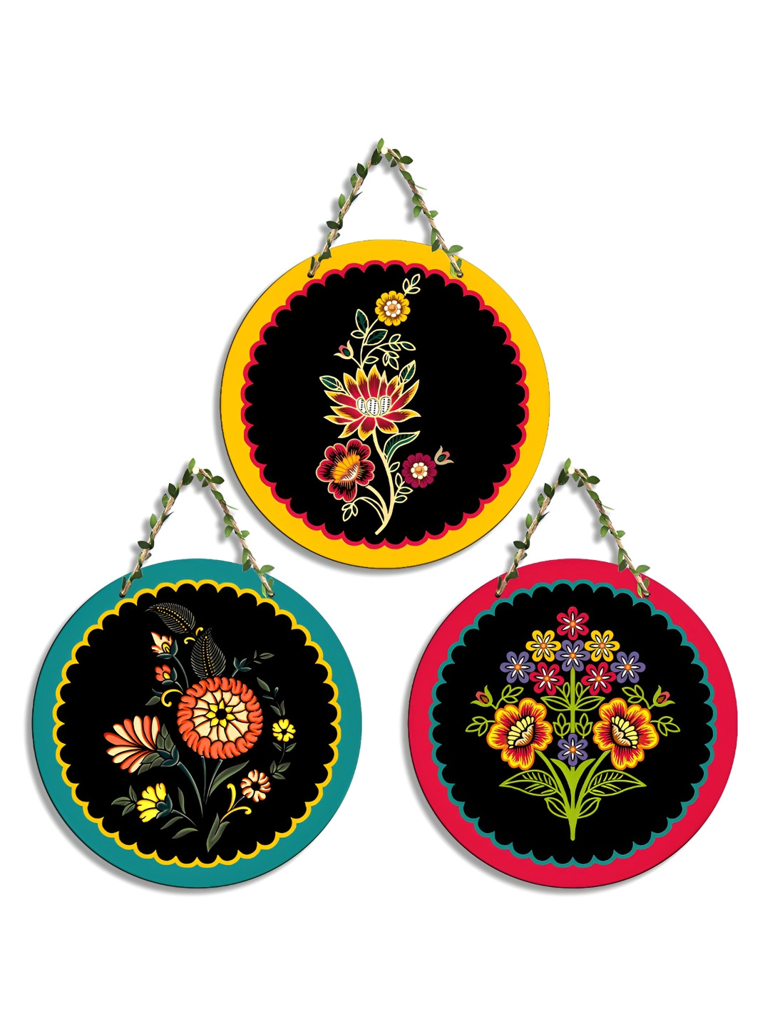 SEHAZ ARTWORKS Decorative Wood Floral Glossy Hall 3Pcs Wall Hangings-7.9In