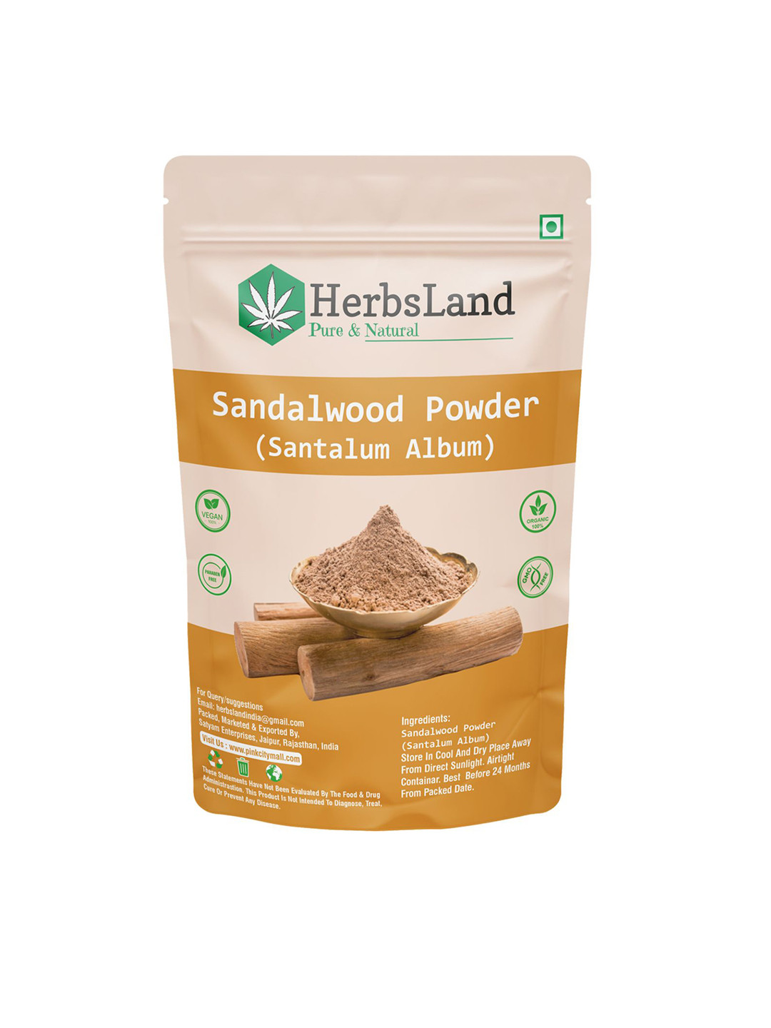 HerbsLand Sandalwood Face Pack Powder For Smooth Skin - 100 g