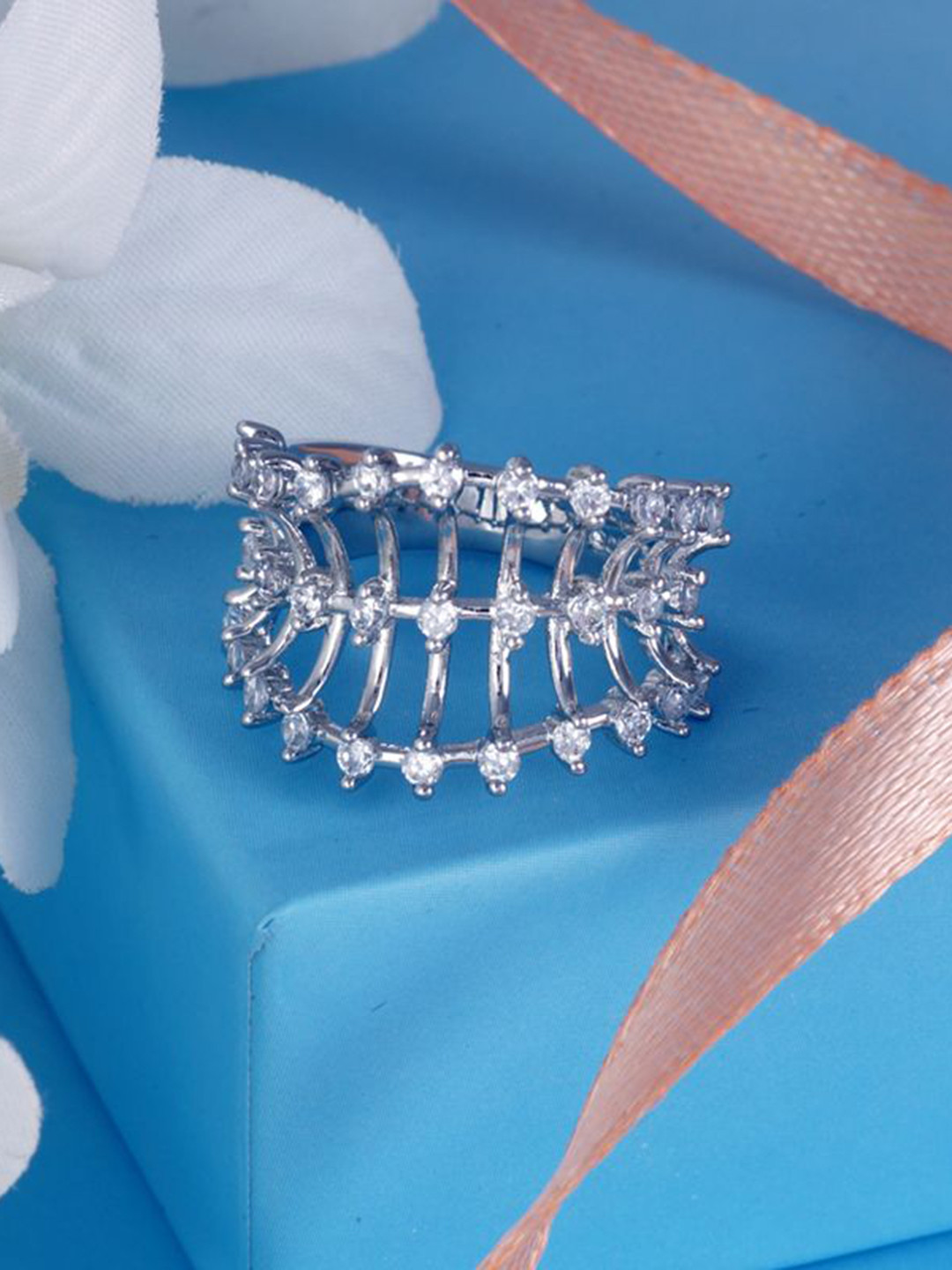 Tuanz Silver Jewelry 925 Sterling Rhodium-Plated CZ Stone Studded Aparna Half Eternit Ring