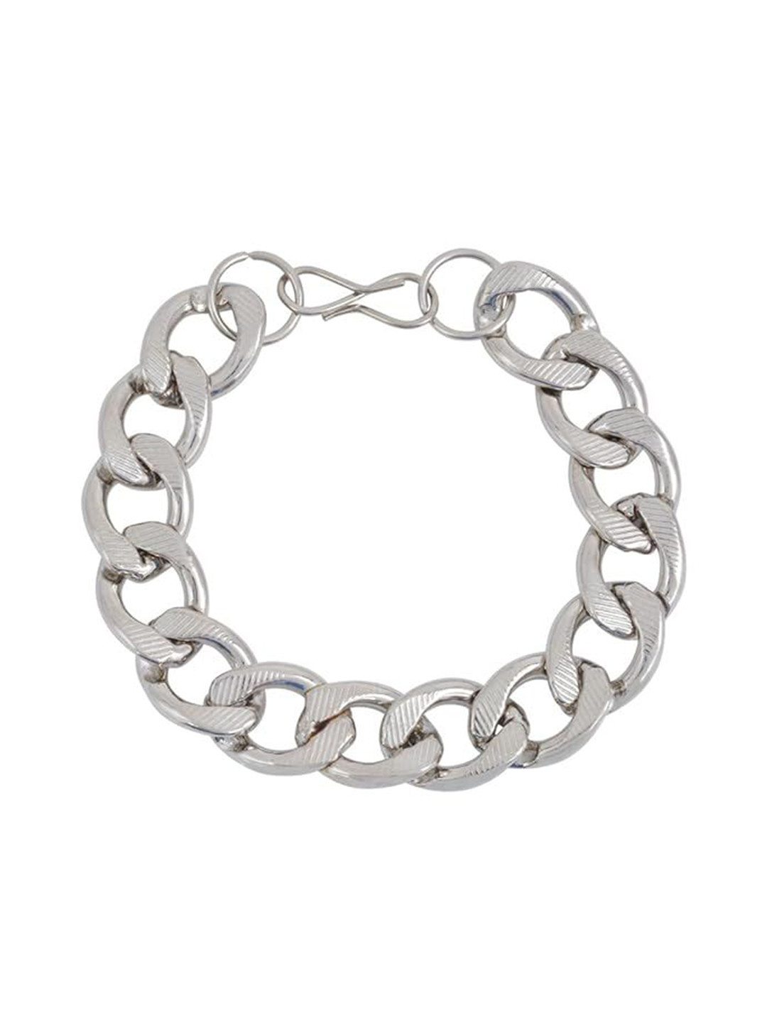 MEMOIR Men Silver-Plated Stainless Steel Striped Flat Link Bracelet