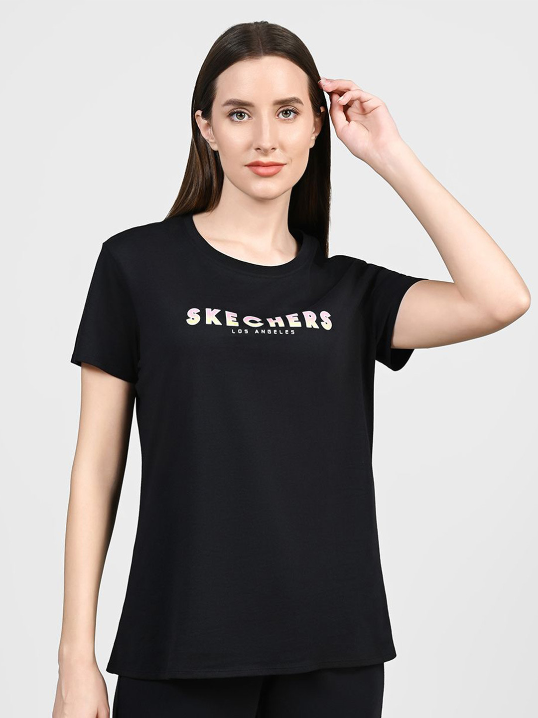 Skechers Mock Stud Women Typography Printed Round Neck T-shirt