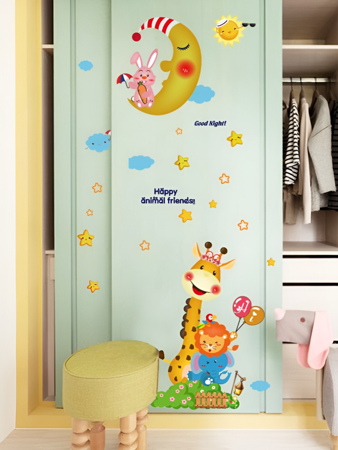 Asian royal Blue & Yellow Moon Star & Rabbit Printed Self Adhesive Wall Sticker
