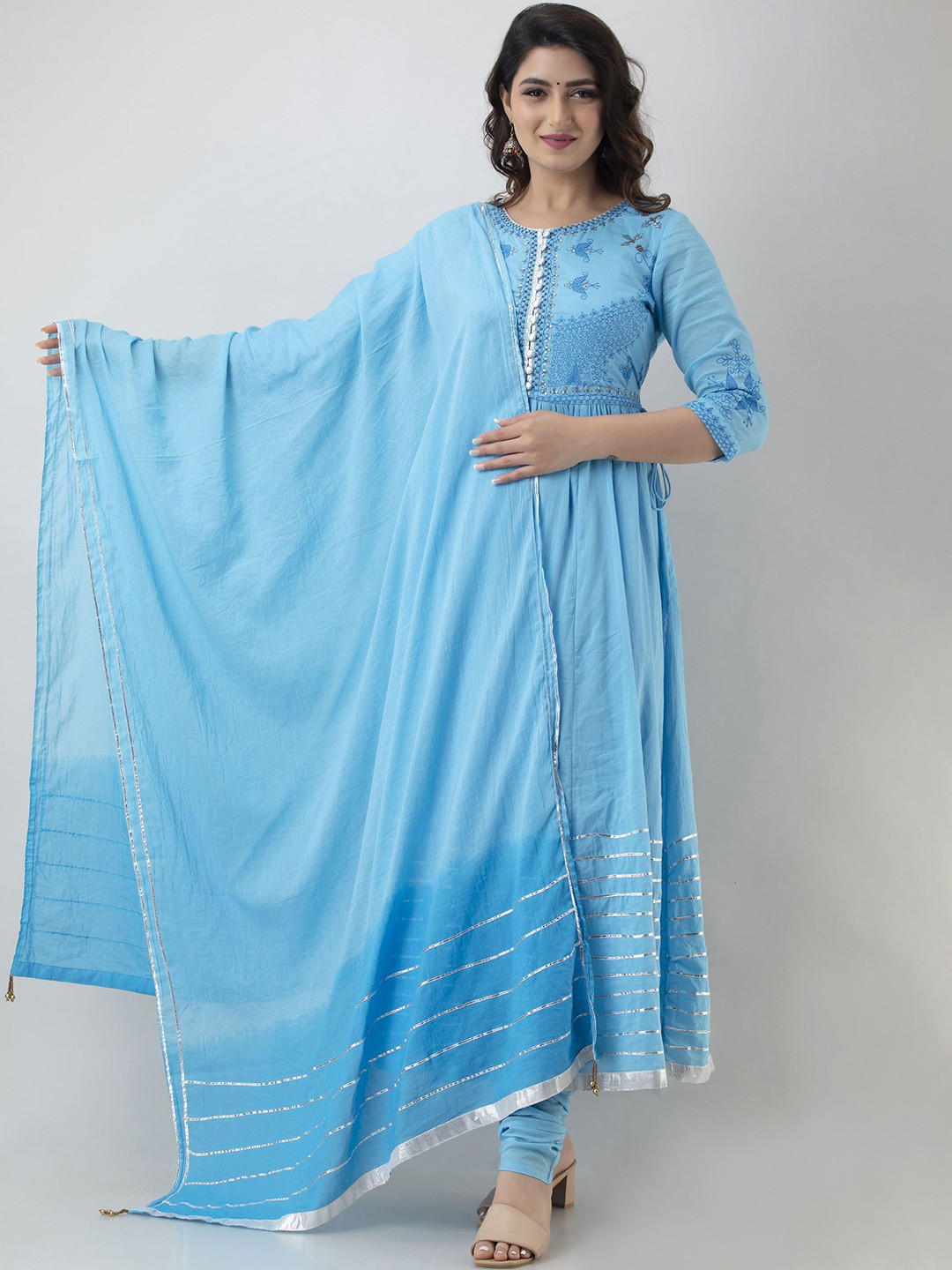 A&K Embroidered Thread Work Pure Cotton Anarkali Kurta with Churidar & Dupatta