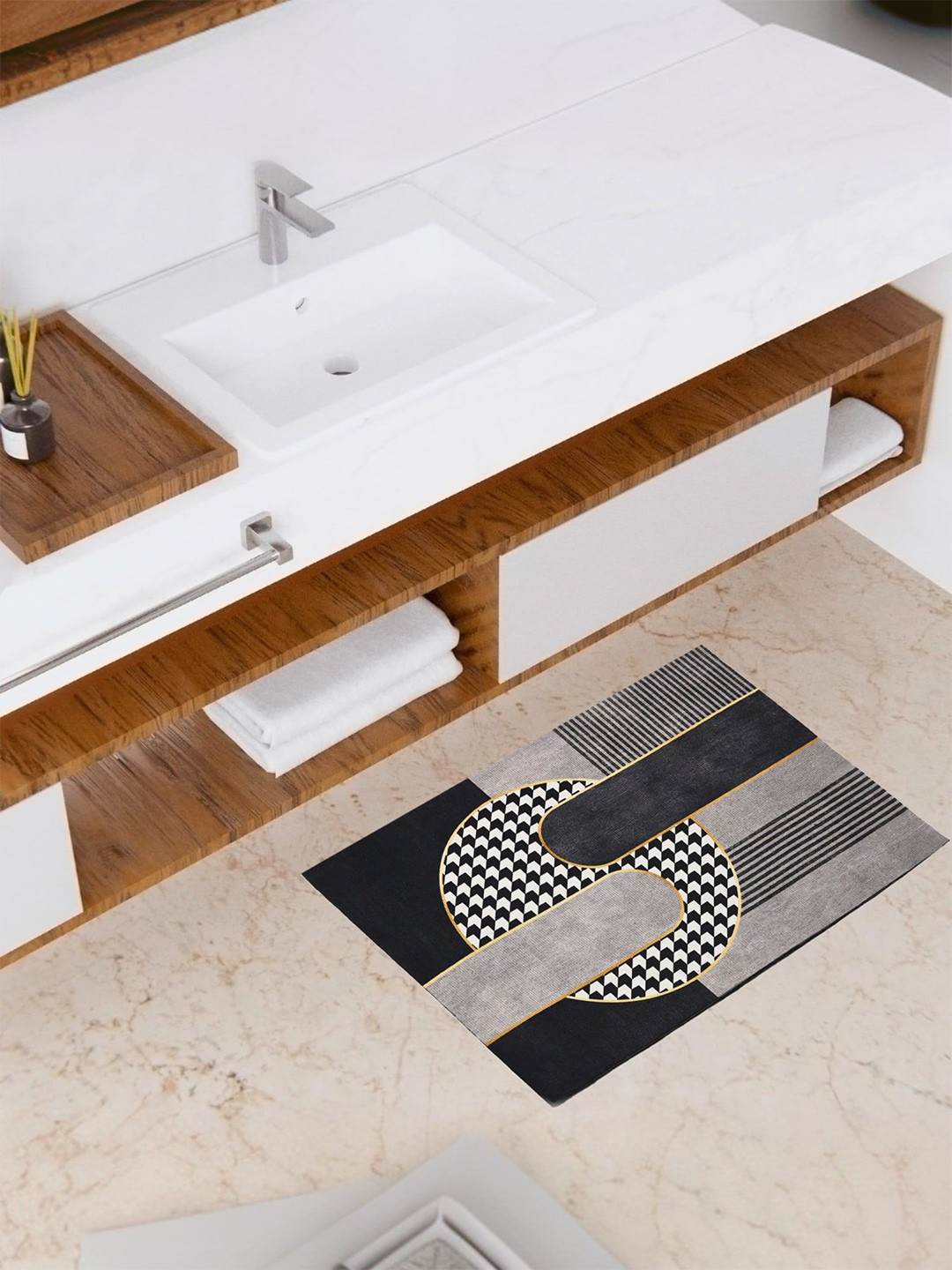 Kuber Industries Black & Grey Printed 150 GSM Rectangular Bath Rugs