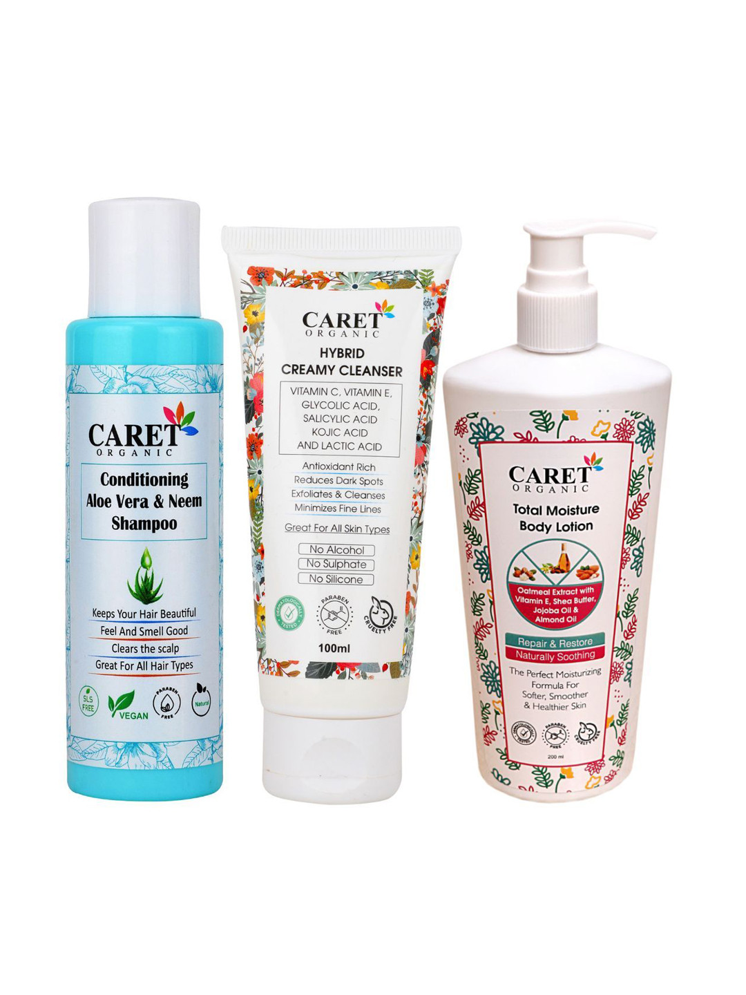 CARET ORGANIC Set of 3 Conditioning Shampoo & Creamy Cleanser-100ml Each Body Lotion-200ml