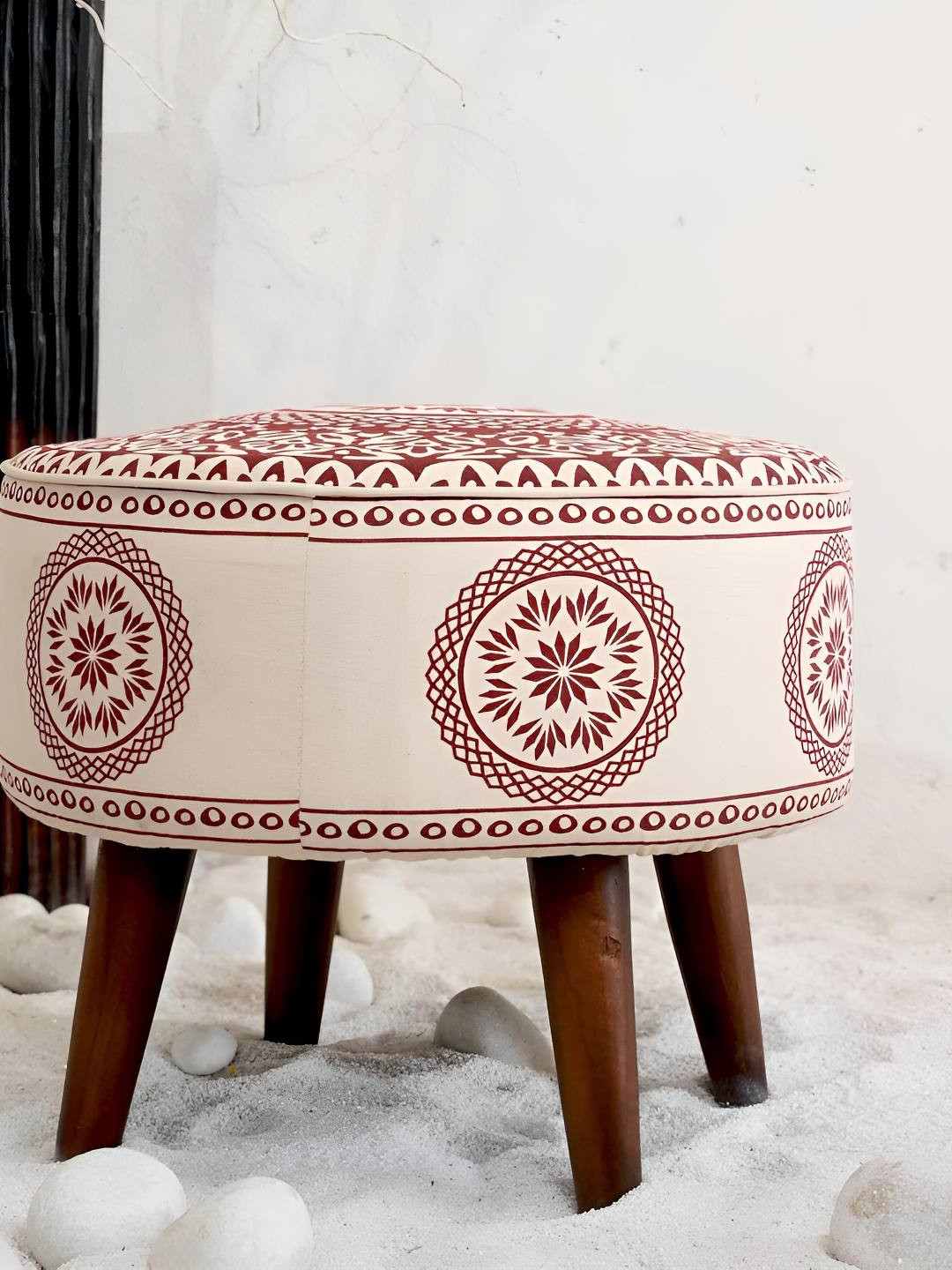 Decoghar Single Piece Maroon Mangolian Printed Wooden Ottoman