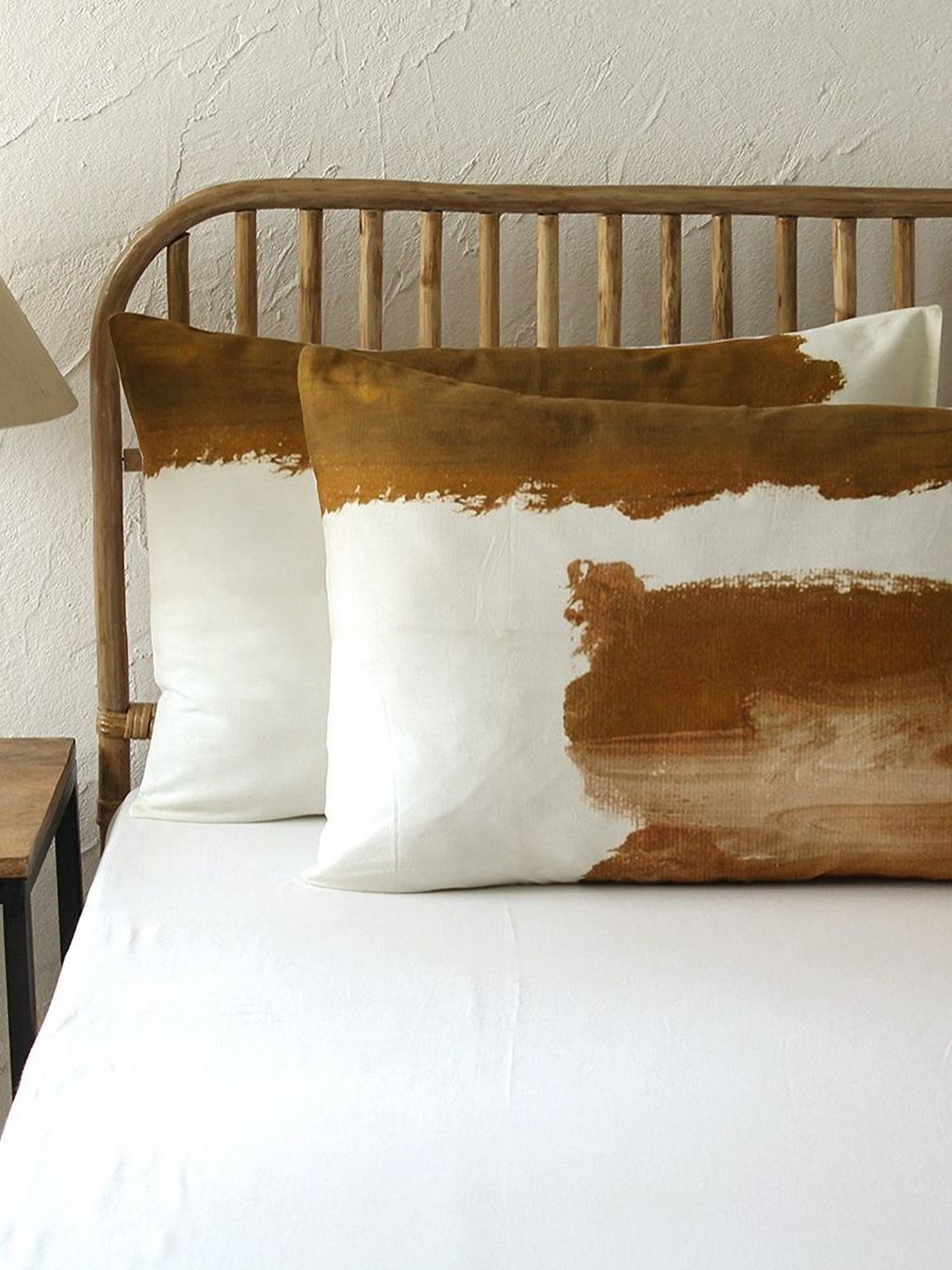 HOMPRIN Brown & White 2 Pieces Abstract Printed Pure Cotton Rectangle Pillow Covers