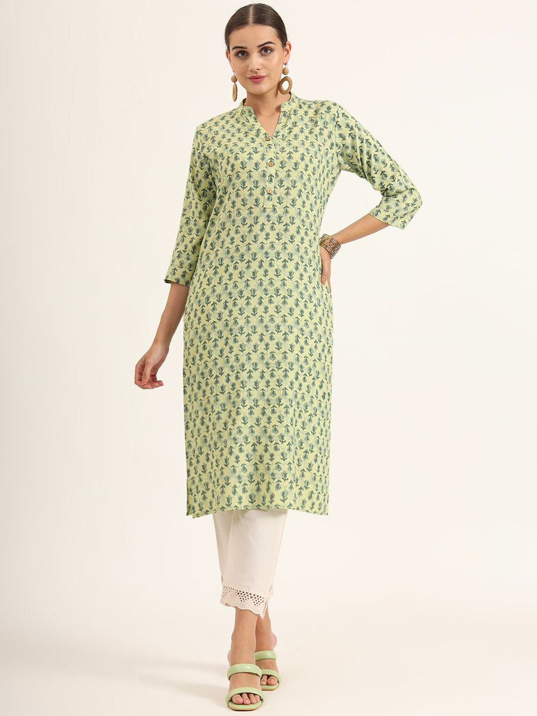 KALINI Mandarin Collar Floral Printed Straight Kurta