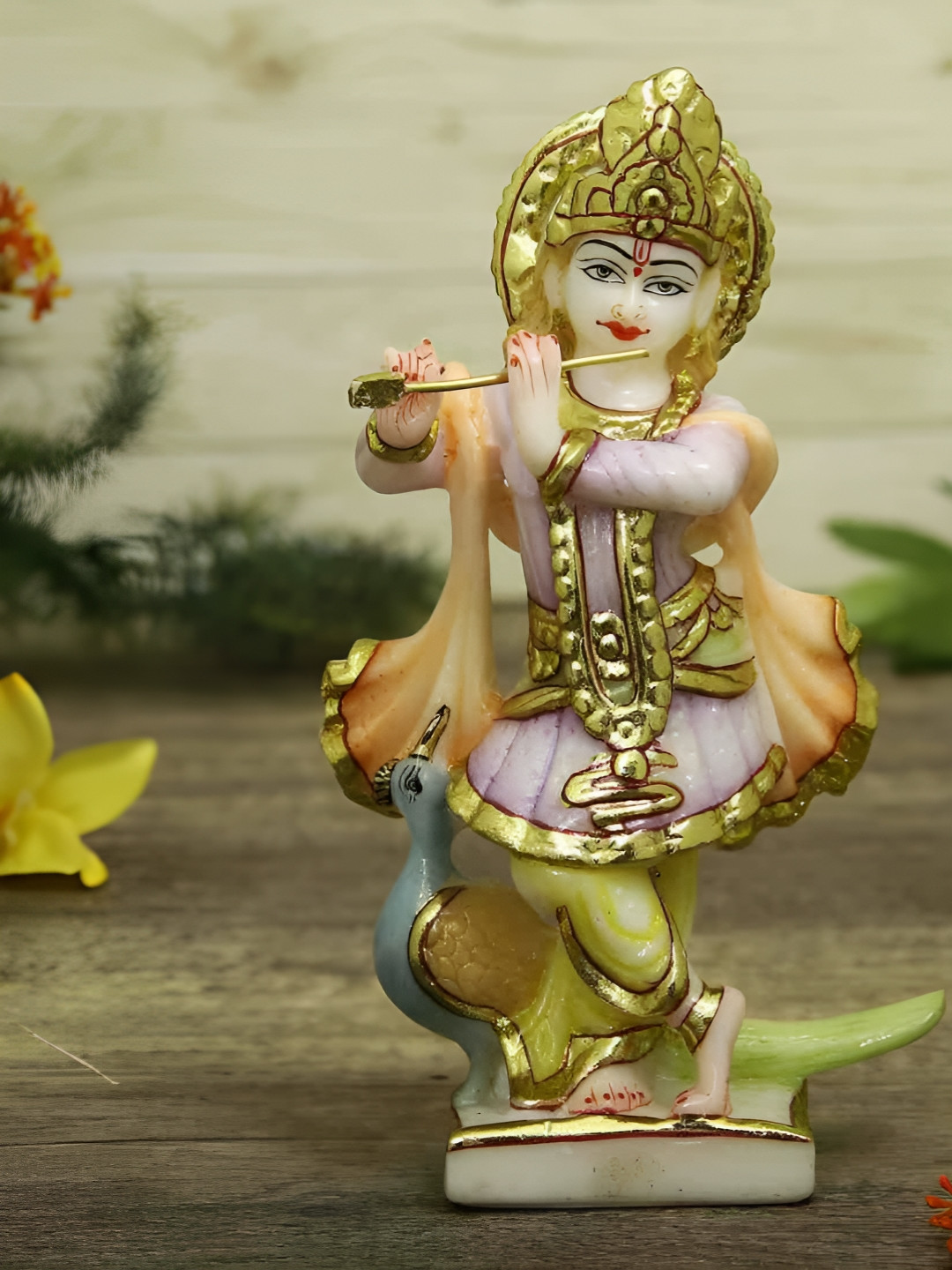 HANDICRAFTS PARADISE Krishna with Peacock Playing Flute White Marble Matte Prayer Room Medium Showpiece - 7.7 Inches