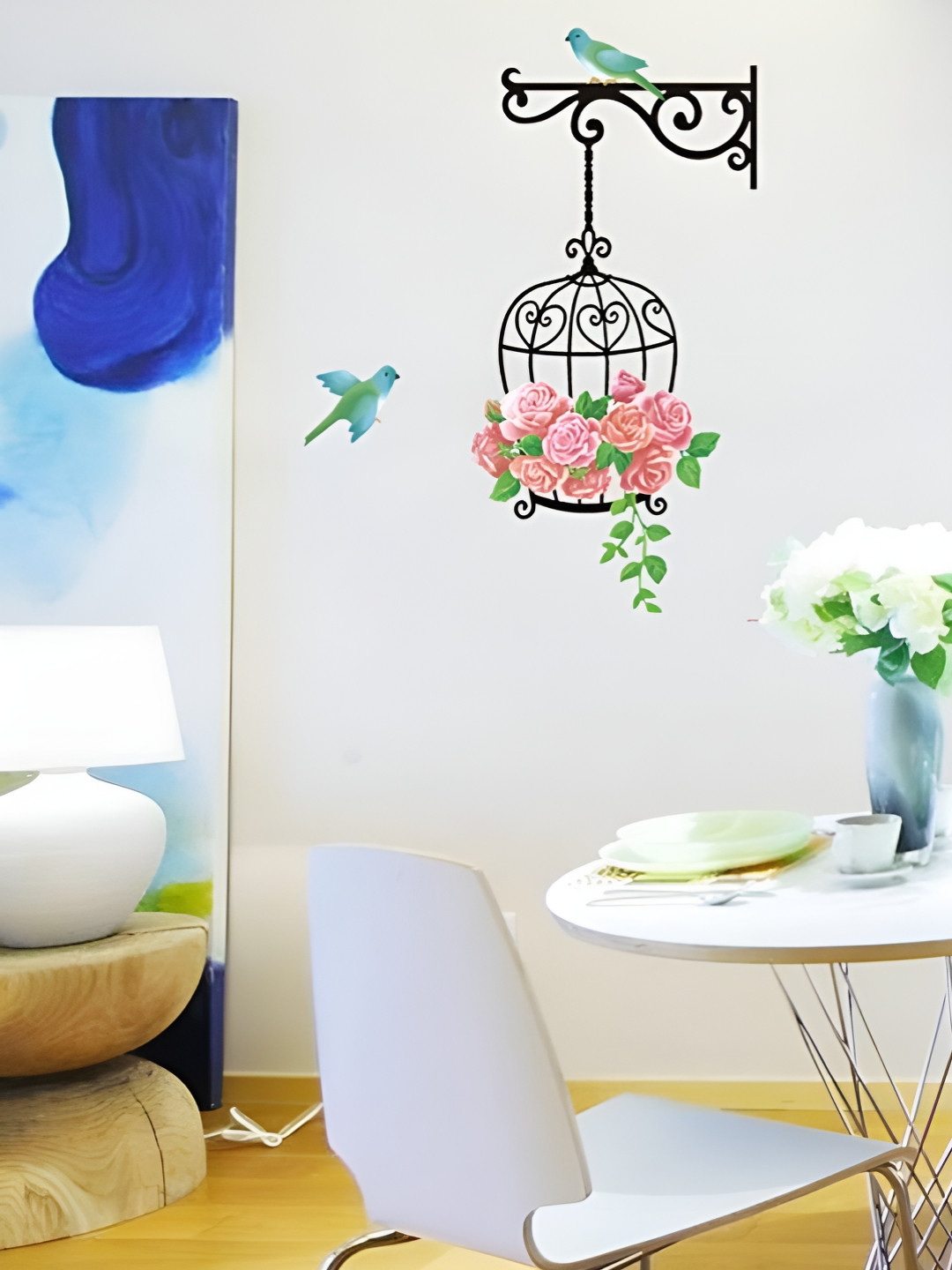Asian royal Black & Green Birds Cage & Floral Printed Wall Sticker