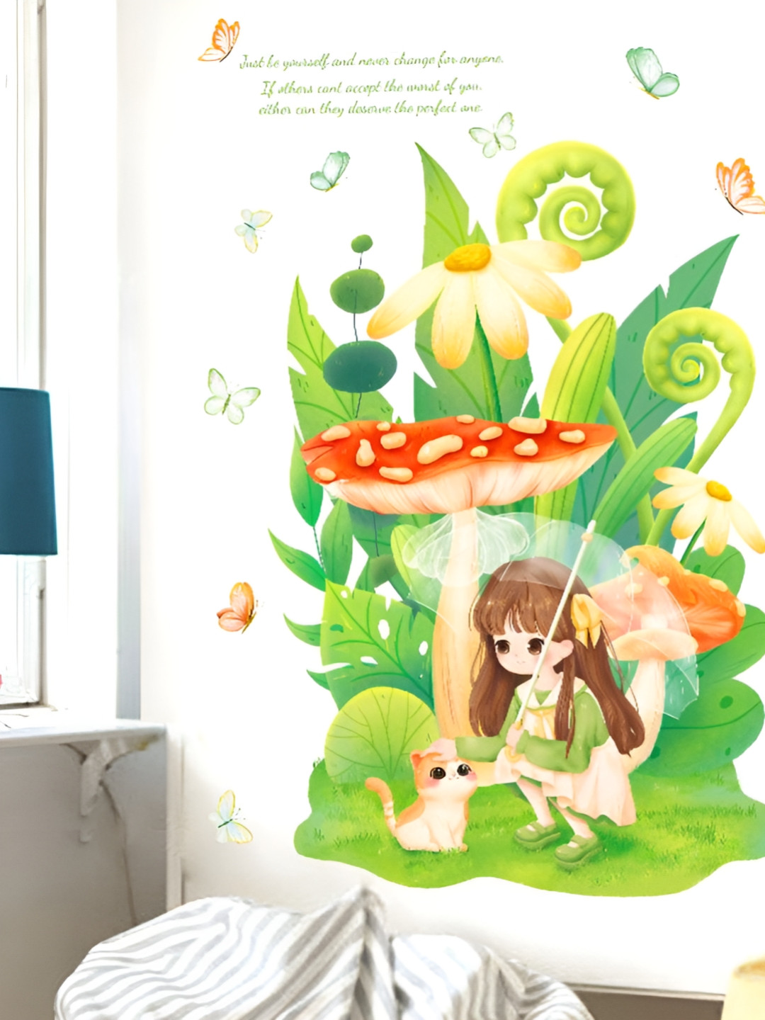 Asian royal Green & Orange Coloured Girl Cat & Umbrella Printed Self Adhesive Wall Sticker
