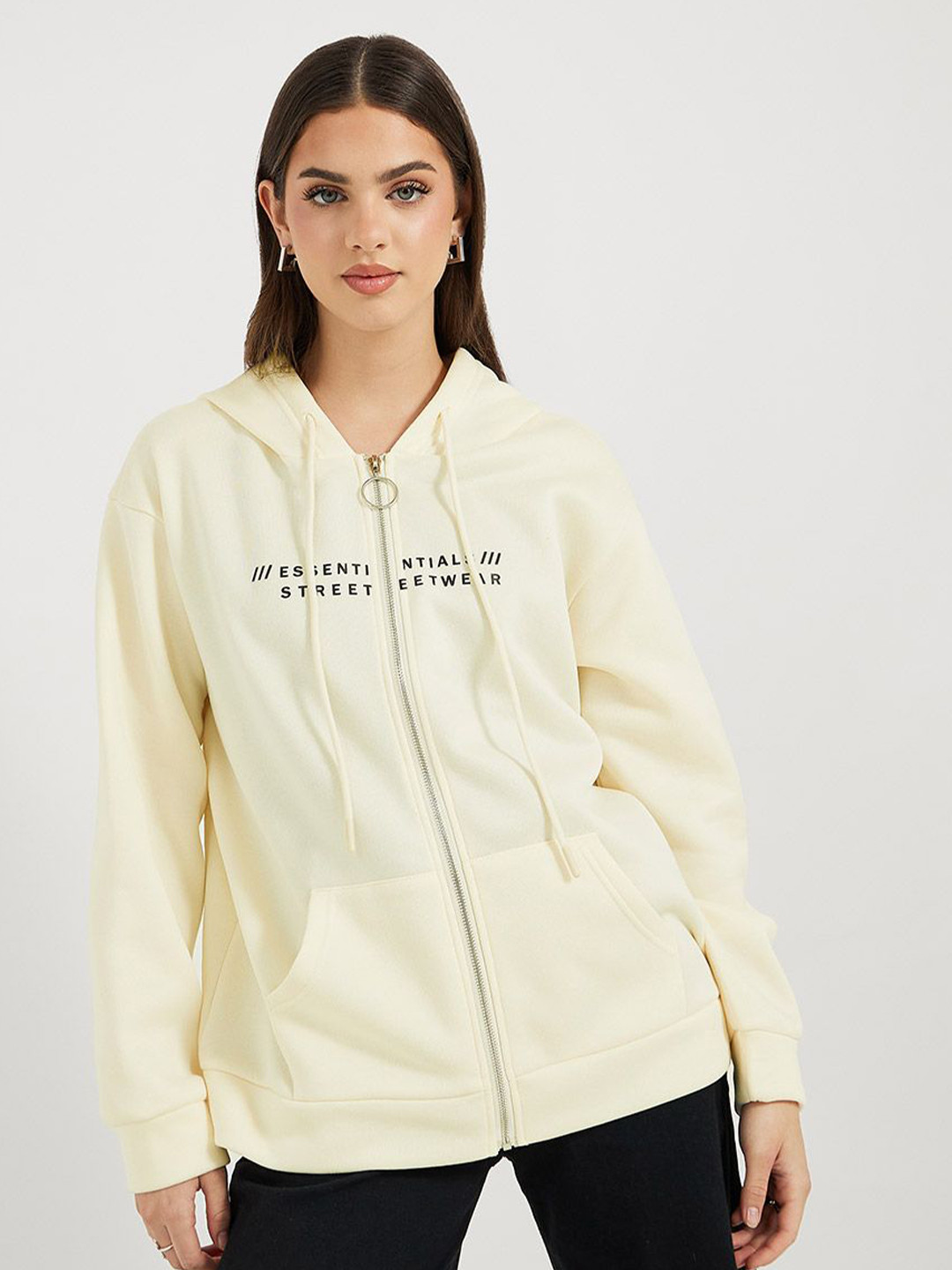 Styli Women Typographic Printed Oversized Fit Long Sleeves Regular Length Zip Through Hoodie