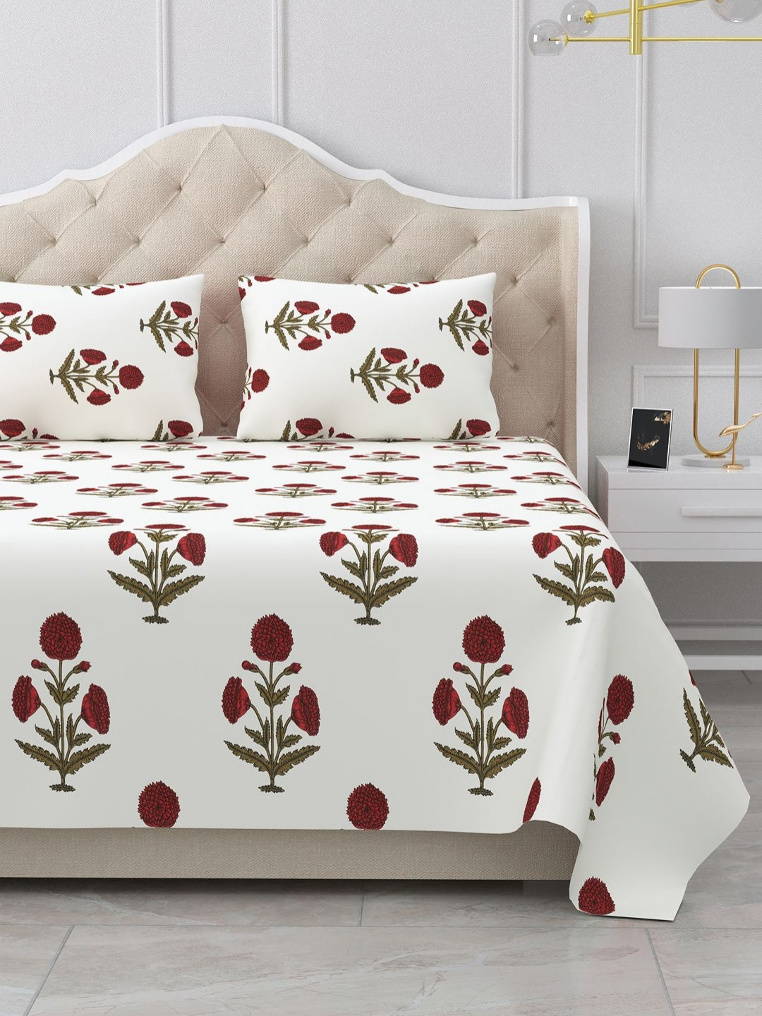 BELLA CASA Heritage Collection Off White Ethnic Motifs Pure Cotton 180 TC King Bedsheet with 2 Pillow Covers-108 x 83 inches