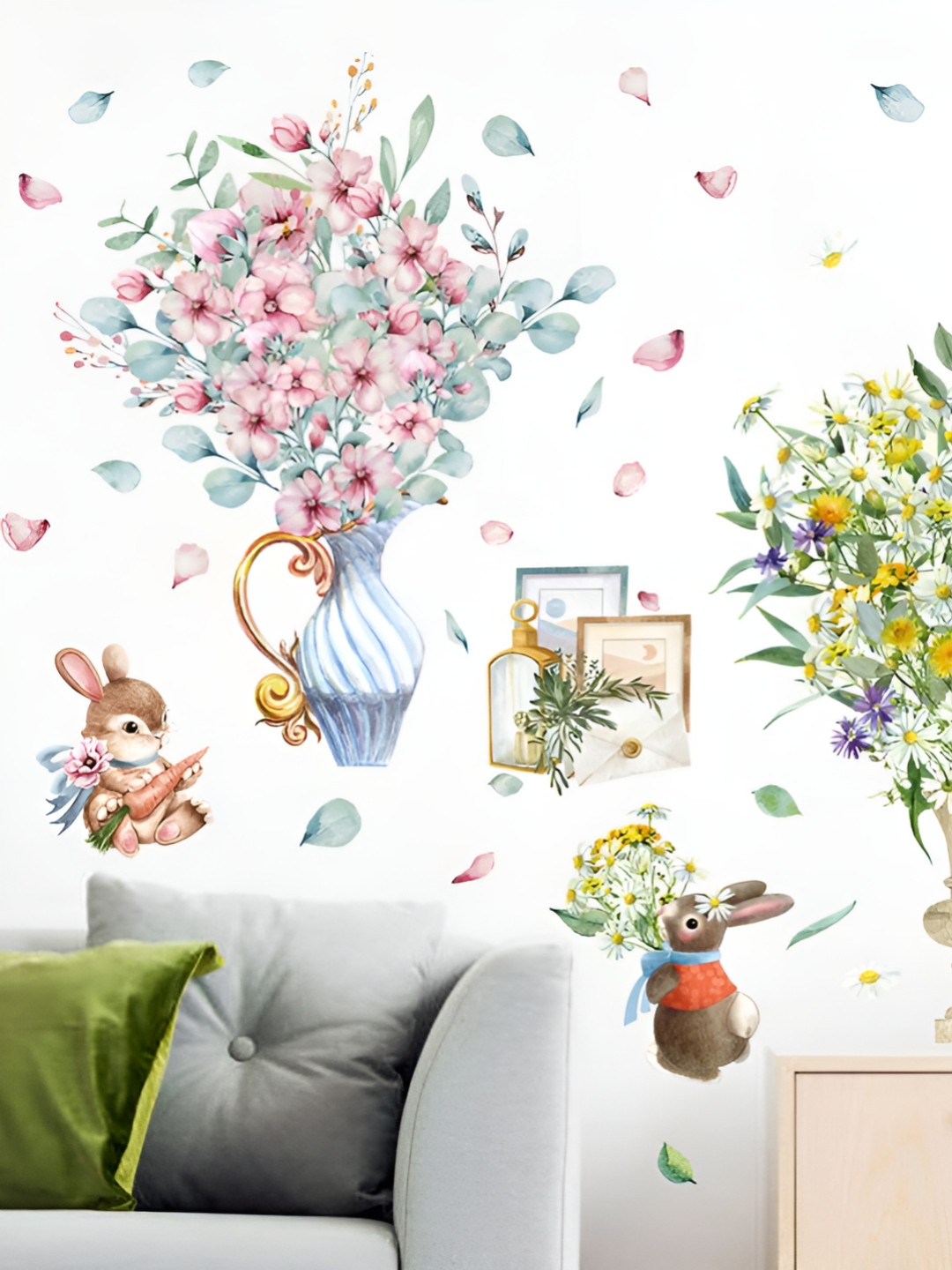 Asian royal Blue & Green Floral and Botanical Printed Self Adhesive Wall Sticker