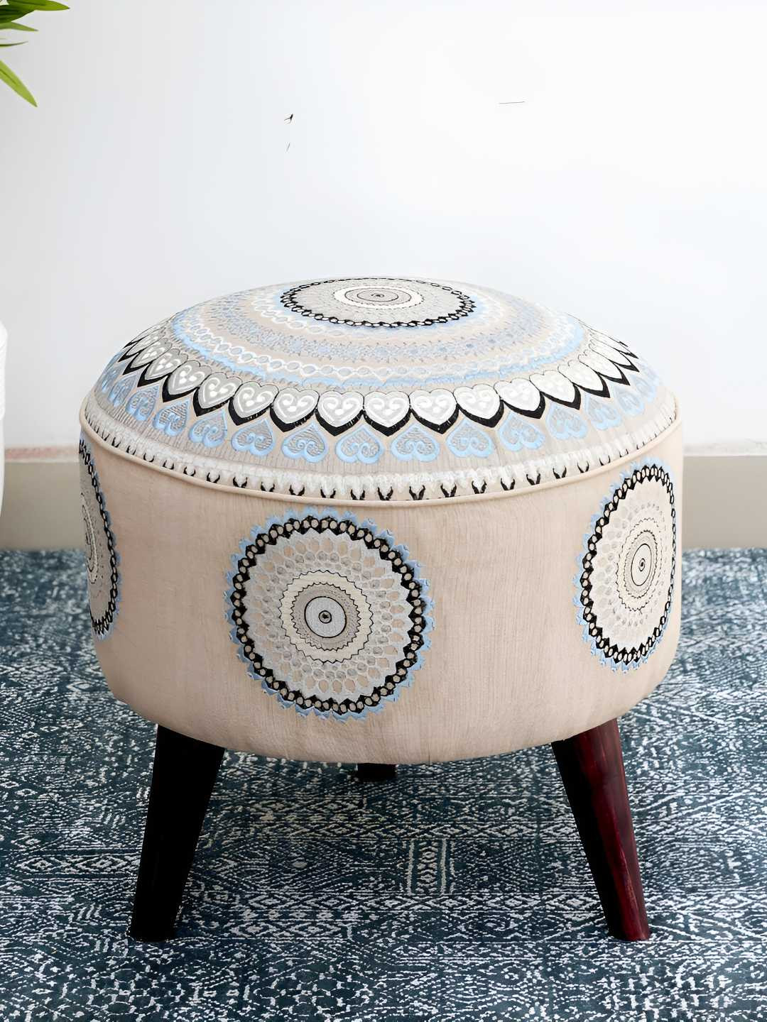 Decoghar Blue Heart Embroidered Wooden Round Ottoman