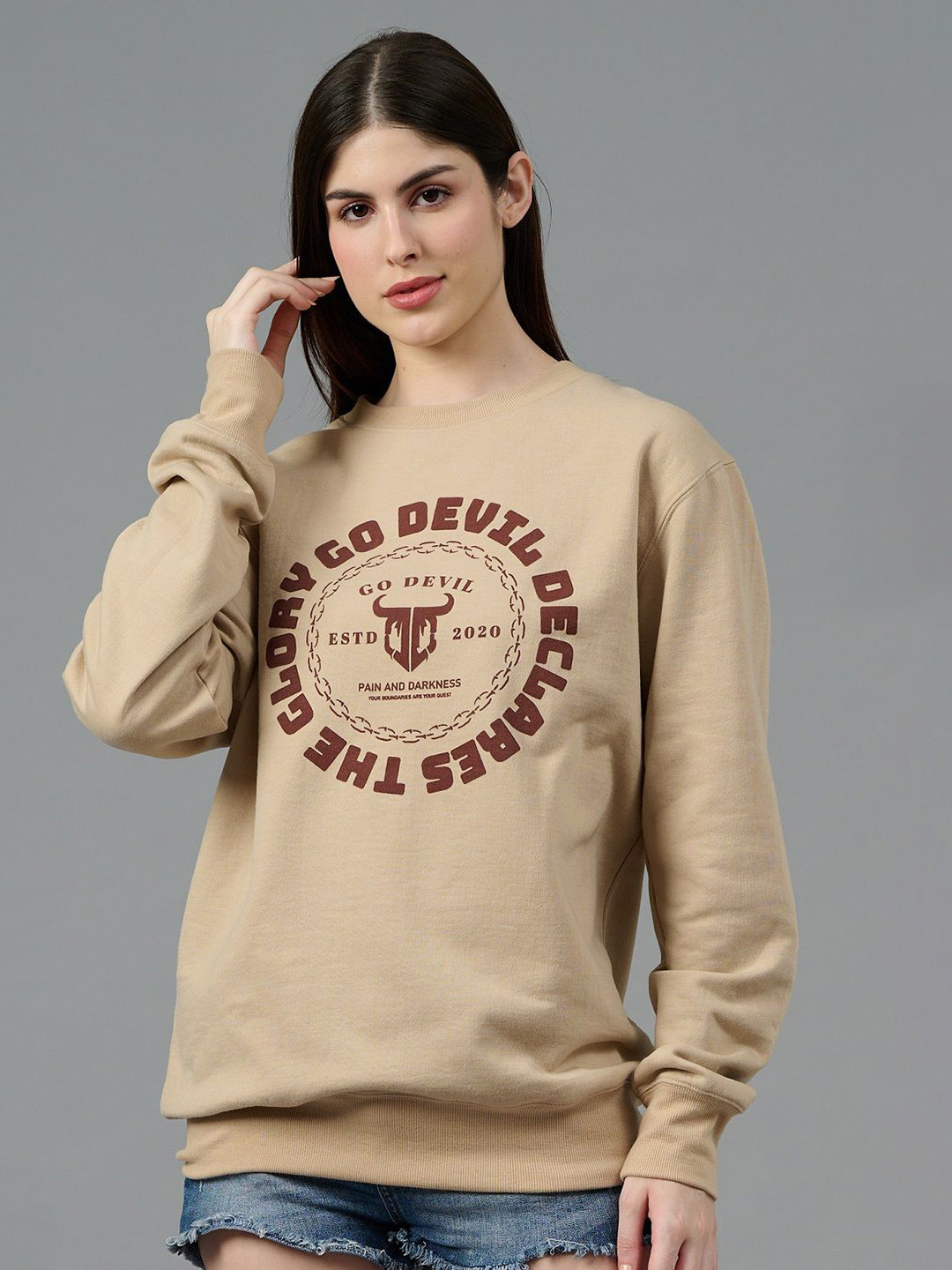 GO DEVIL Women Brand Logo Printed Woolen Winter Sweatshirt