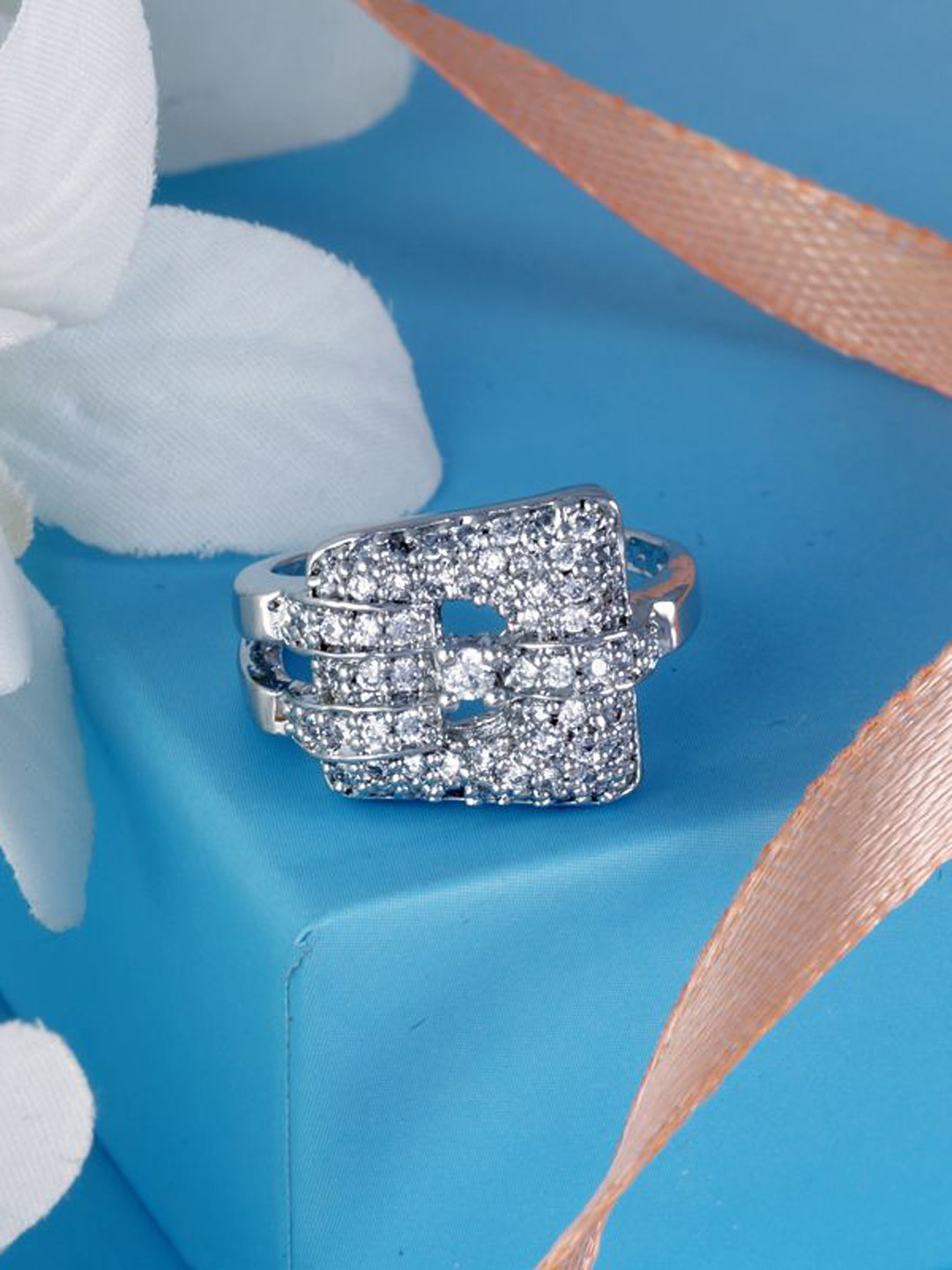 Tuanz Silver Jewelry Manzil 925 Sterling Silver Cubic Zirconia Stone Studded Finger Ring