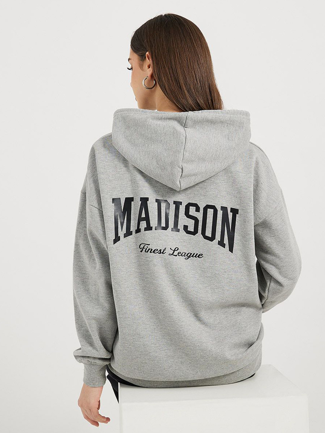 Styli Women Longline Slogan Print Regular Fit Pullover Hoodie with Kangaroo Pocket