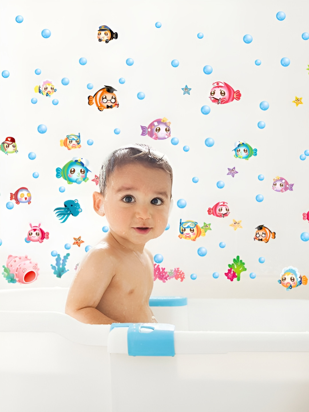 Asian royal Blue & Green Bubble Fishes Printed Wall Sticker