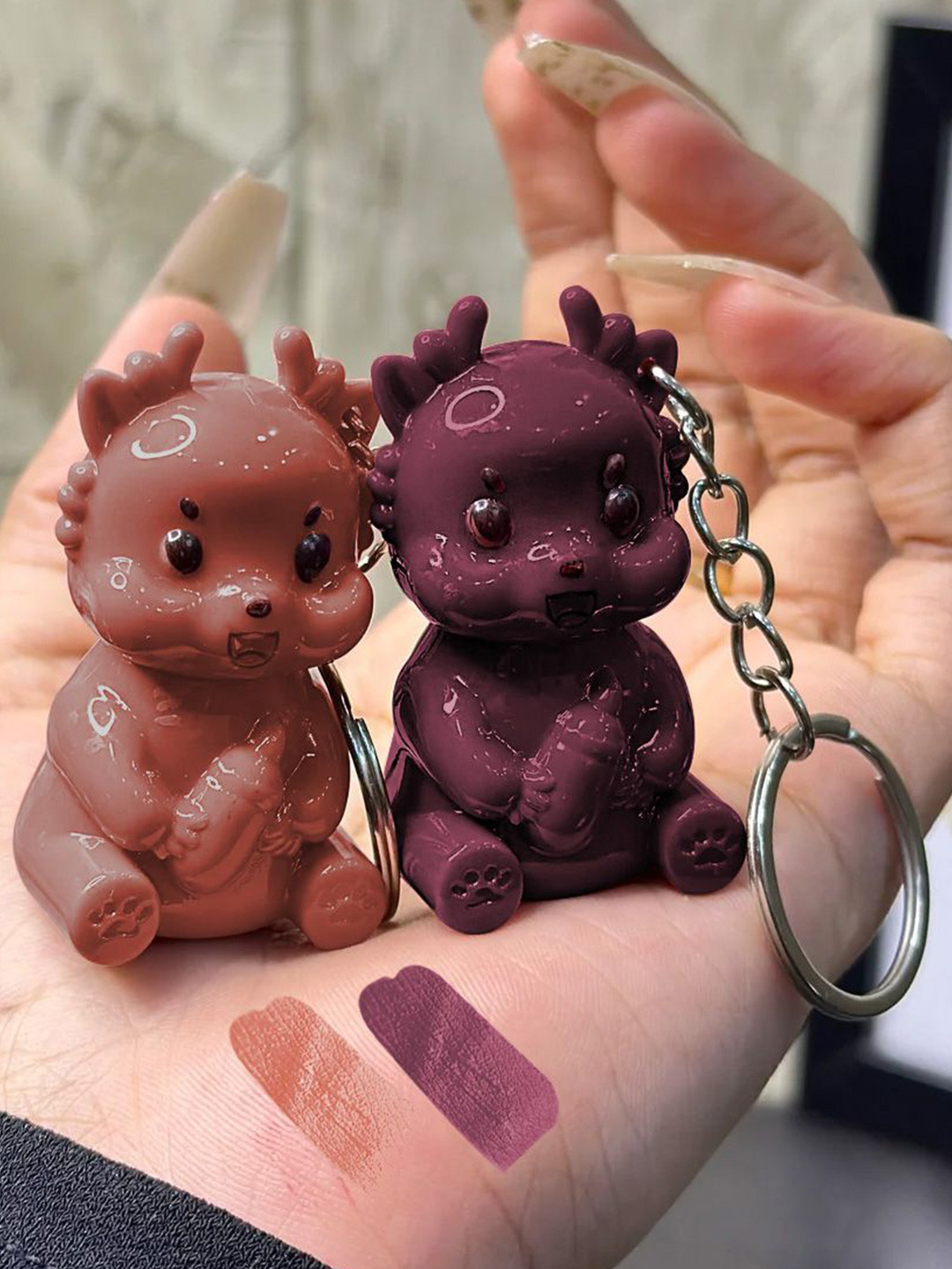 Adbeni Set Of 2 Cartoon Keychain Lip Gloss 5ml Each - Nude & Brown