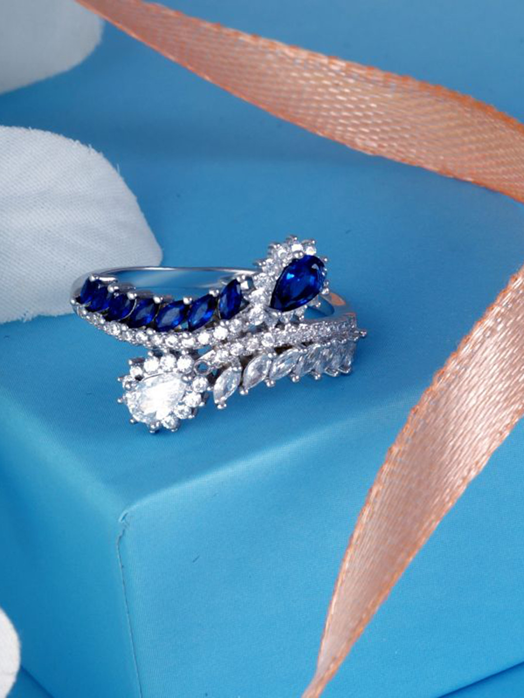 Tuanz Silver Jewelry 925 Sterling Silver Rhodium-Plated CZ Stone-Studded Divine Dual Ring