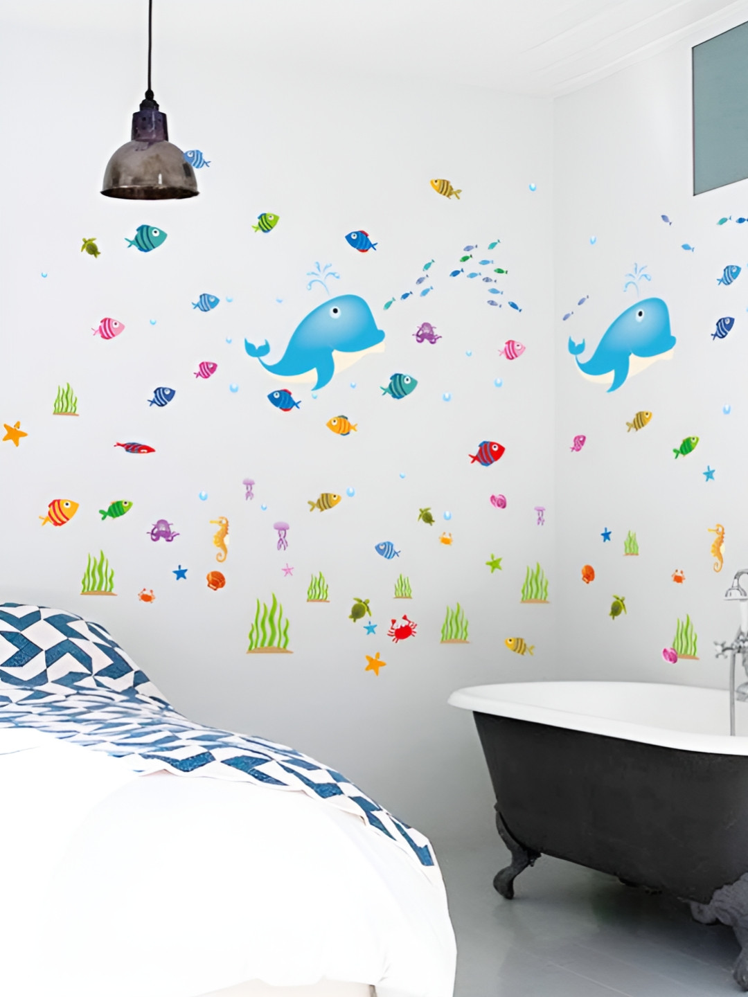 Asian royal Blue & Green  Dolphin & Fishes Printed Self Adhesive Decals And Stickers
