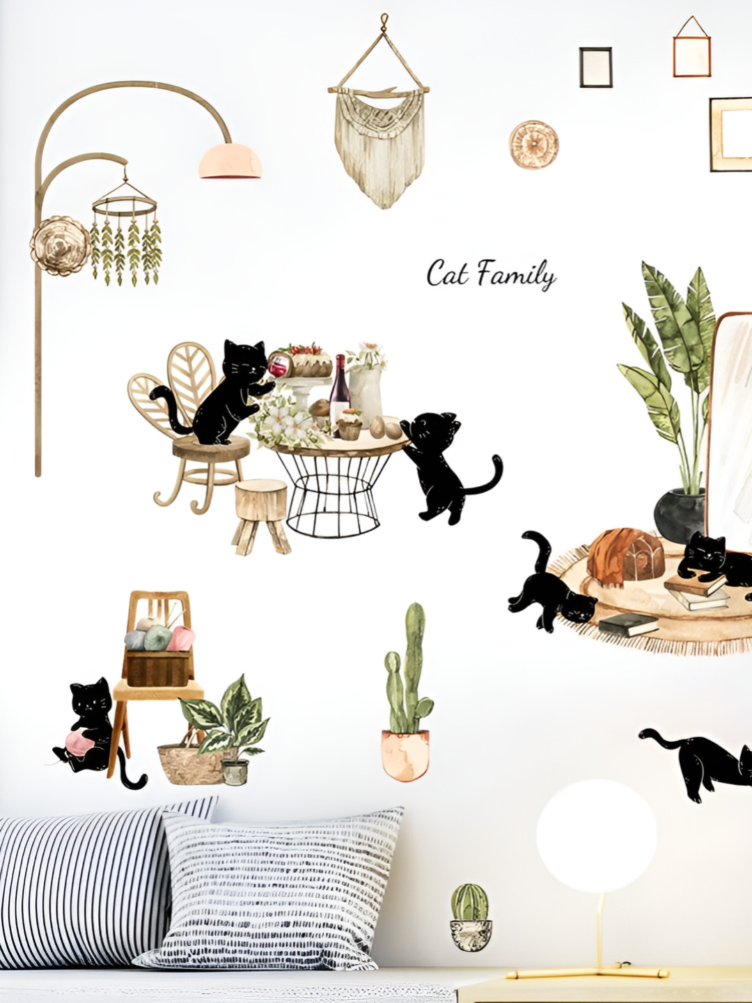 Asian royal Black & Green Cat Family Printed Self Adhesive Wall Sticker