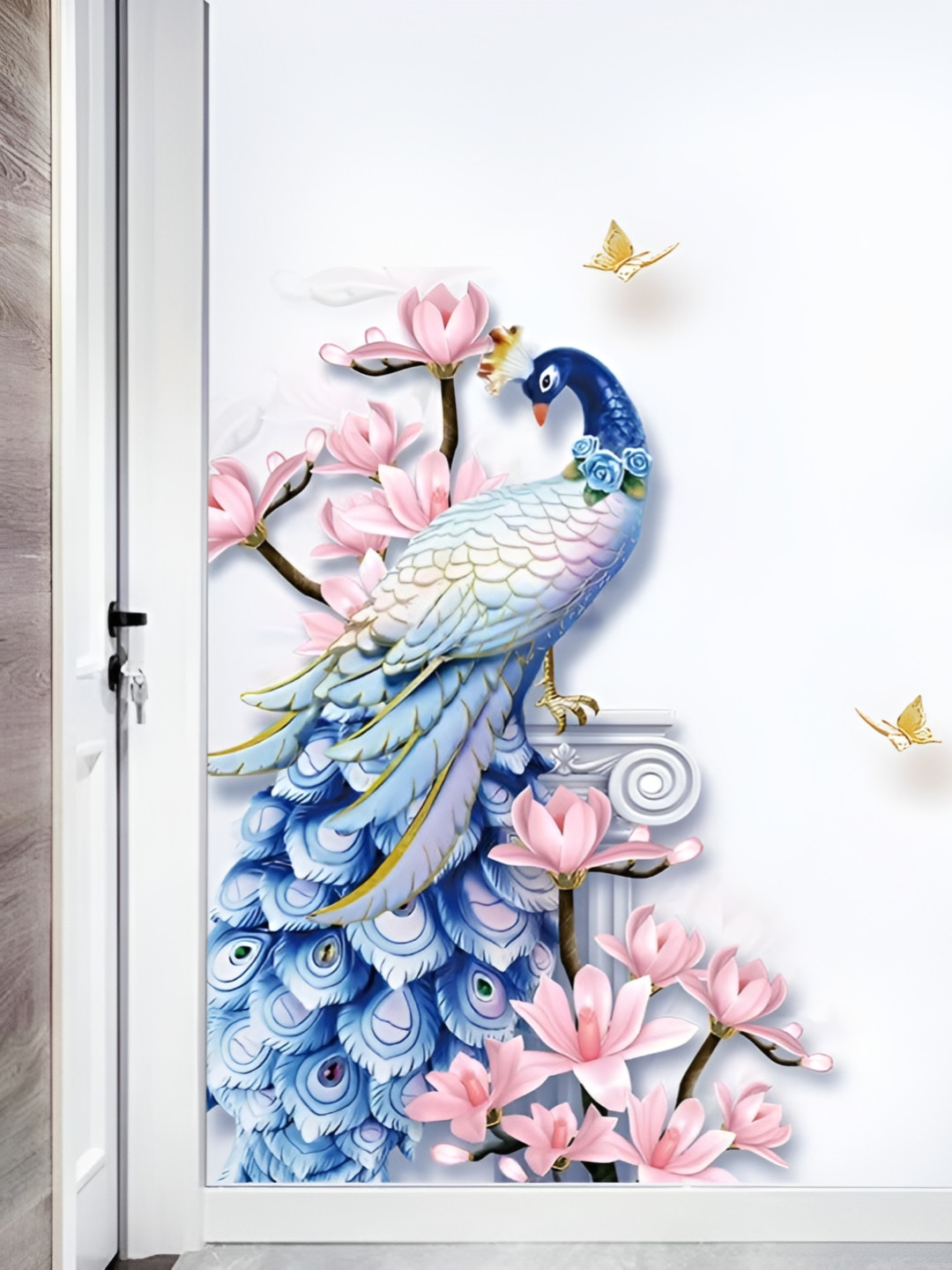 Asian royal Blue & Pink Birds and Animals Printed Self-Adhesive Wall Sticker