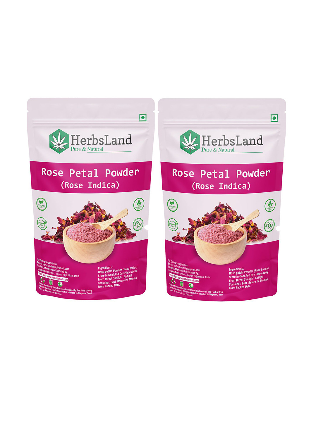 HerbsLand Set Of 2 Pure Rose Petal Powder For Hydration & Skin Brightening - 100 g Each