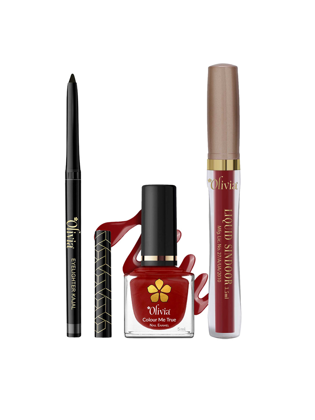 Olivia Set Of 3 Eye Lighter Kajal , Matte Liquid Sindoor & Colour Me True Nail Enamel
