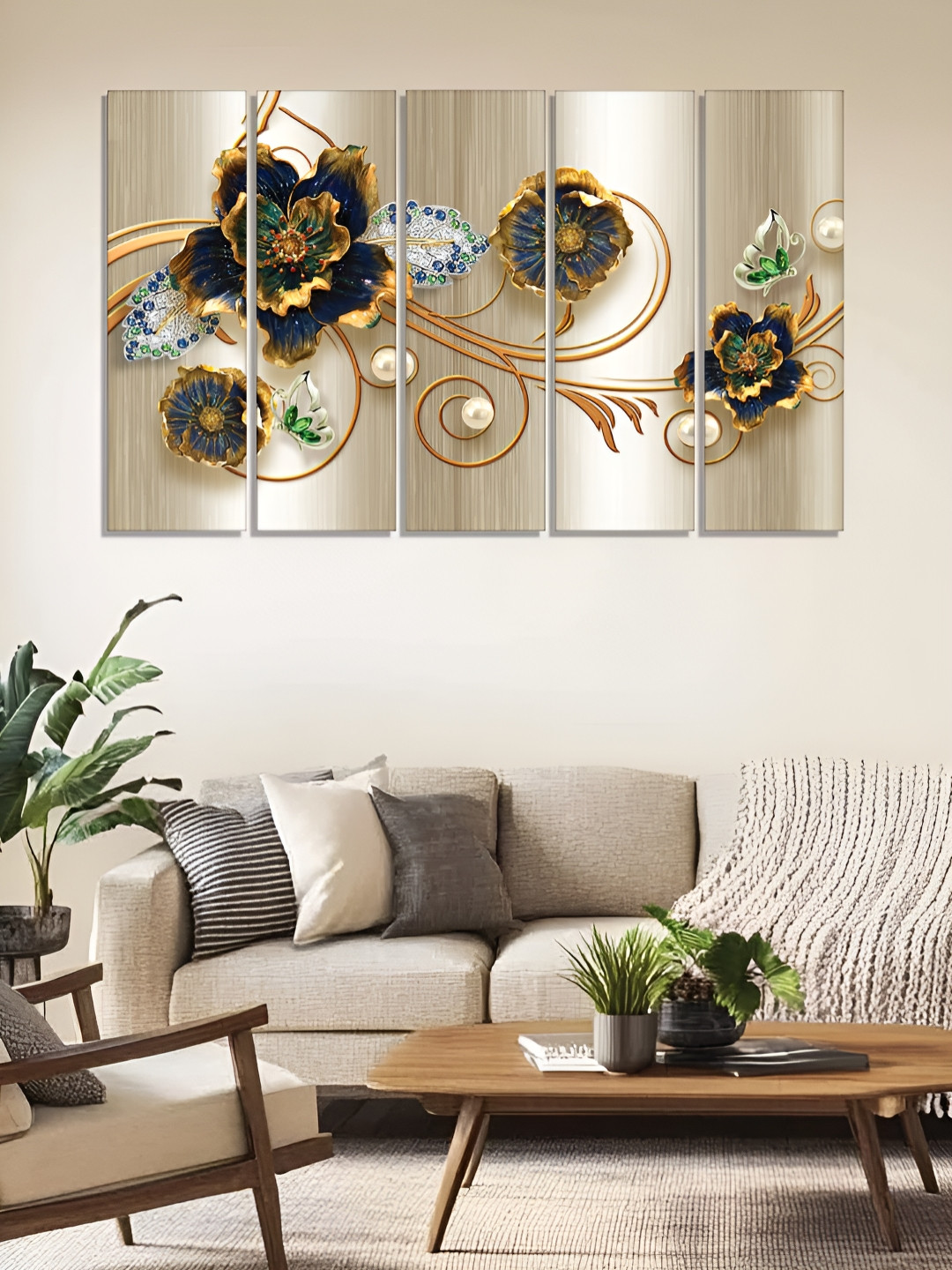 RANDOM Vinyl Beige & White 5 Piece Floral Canvas Wall Paintings