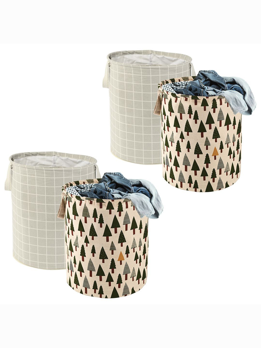 Kuber Industries Beige & Grey 4 Pieces Printed Cotton Laundry Baskets With Handles - 60 L